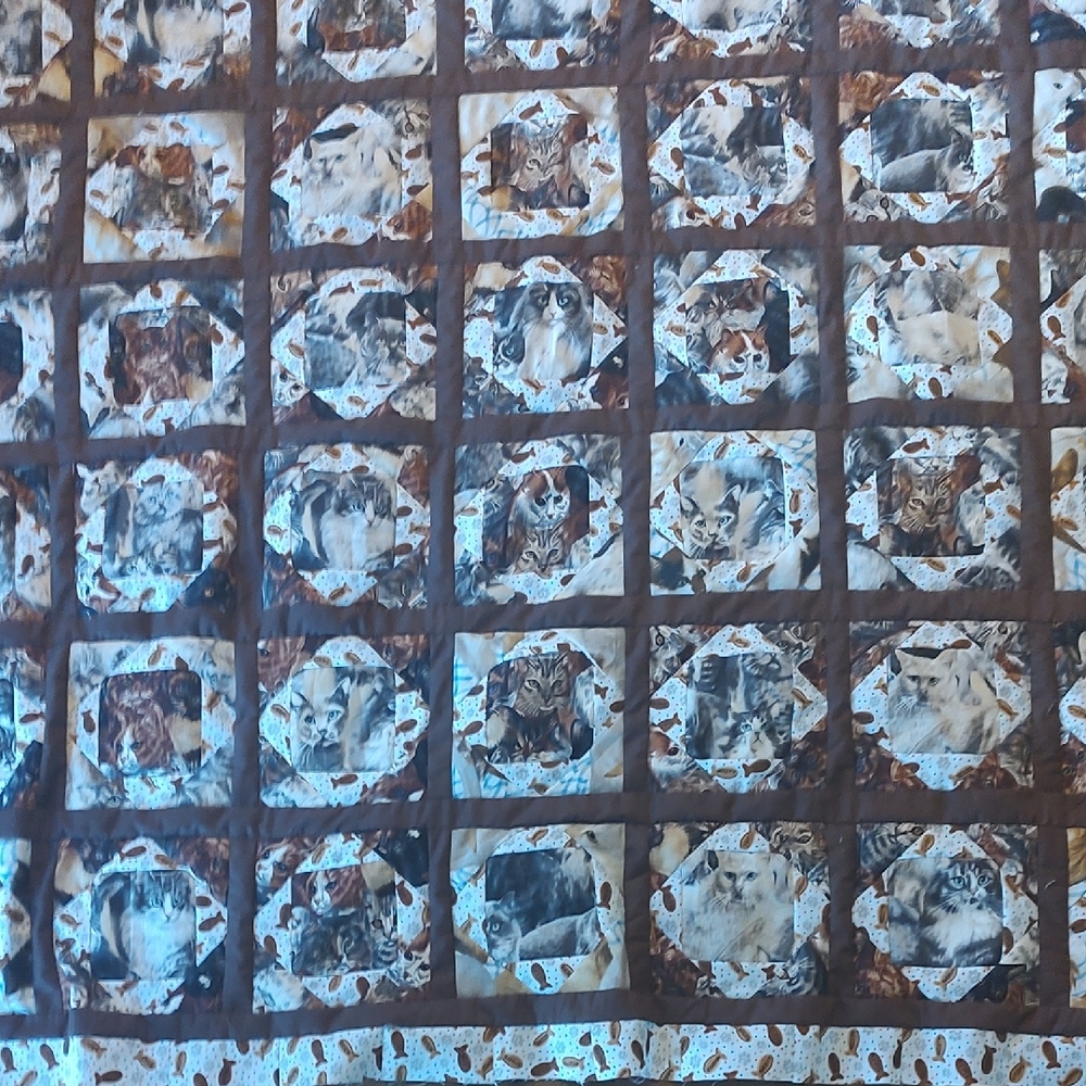 Cat Gallery Patchwork Quilt TOP in Brown and Cream